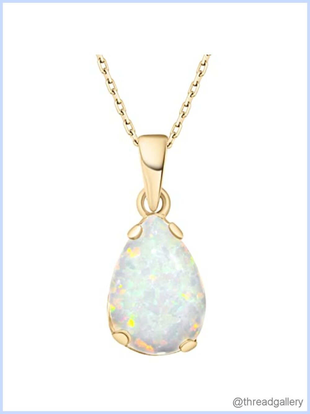 White Opal Teardrop Pendant Necklace 14K Gold Plated Silver Cable Chain